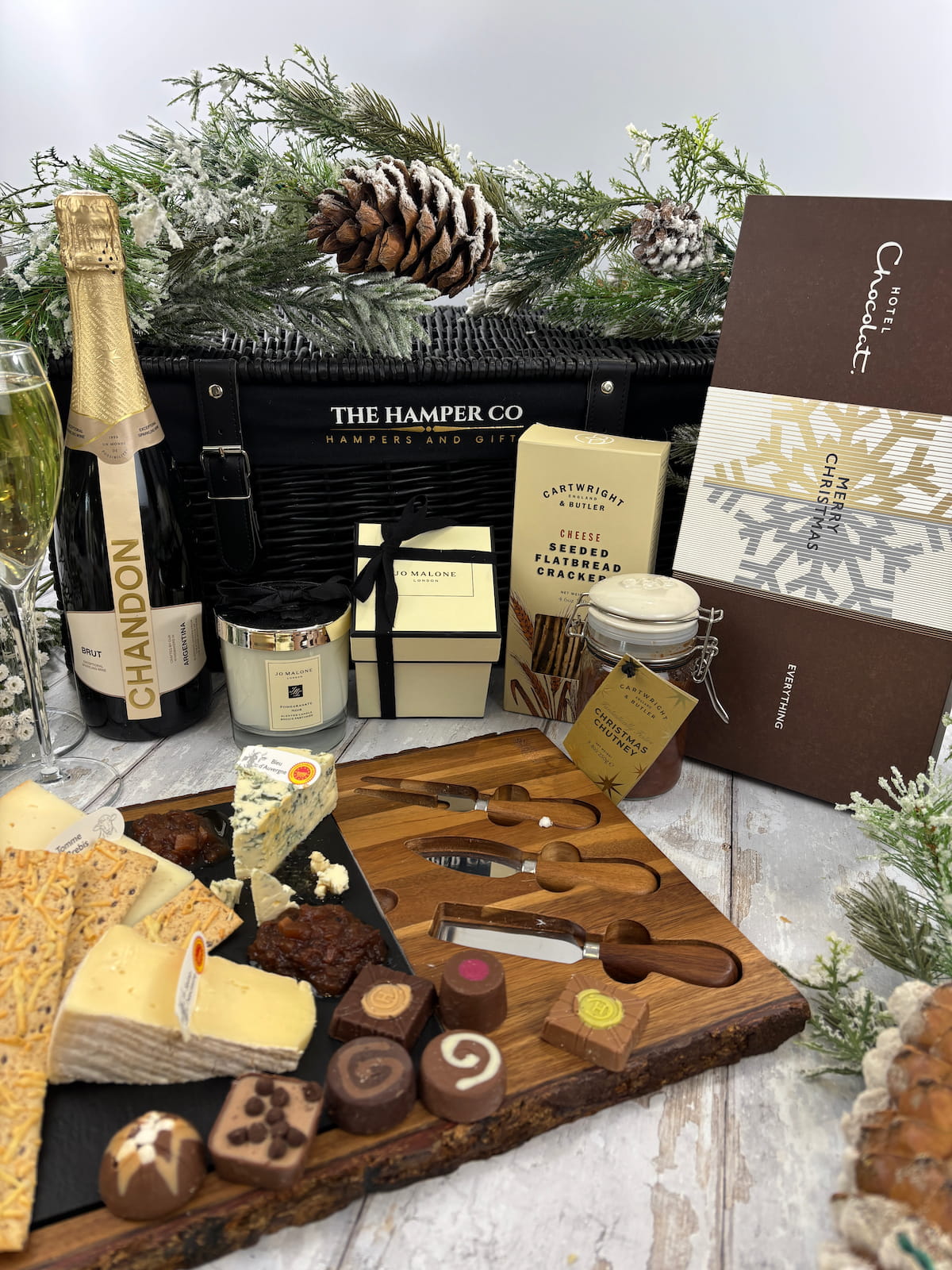 luxury Christmas hampers with Champagne, Jo Malone London and Hotel Chocolat from The Hamper Co