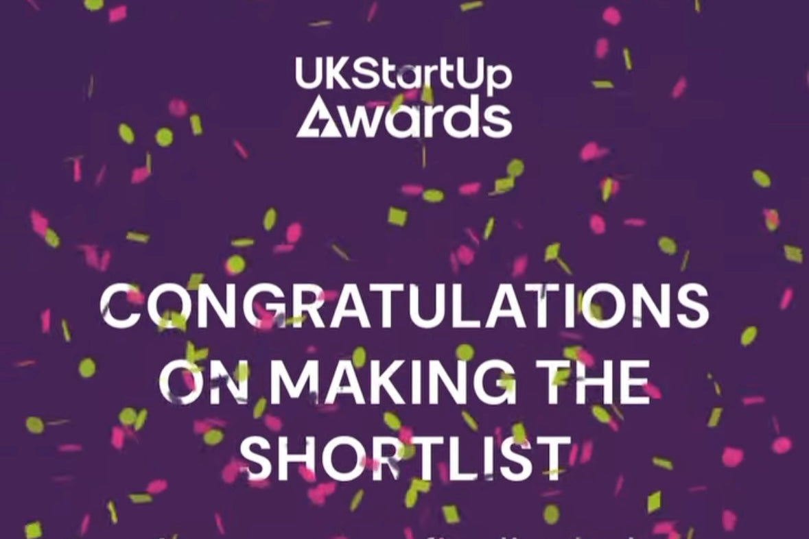 Congratulatory message for making the shortlist in the UK Startup Awards with confetti on a purple background.