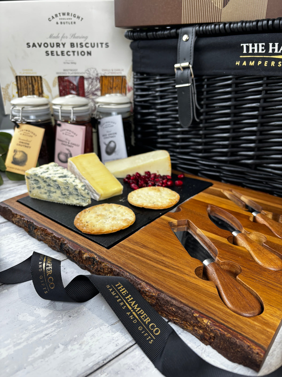 lytton house acacia cheese board & slate, cartwringt & butler chuney, hamper co basket cartwright & butler savoury biscuits selection close up