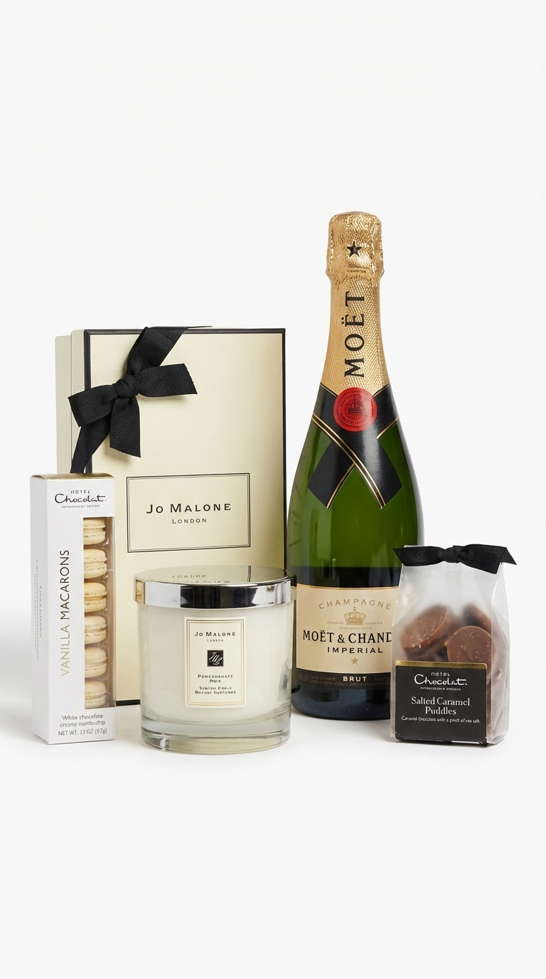 Gift set with Moet champagne, Jo Malone candle, and hotel chocolat on a white background