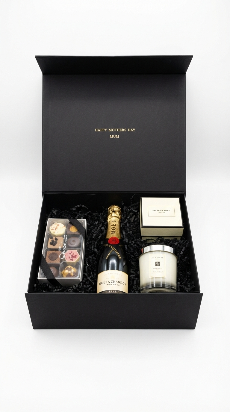luxury gift box with jo malone candle, moet & chardon champagne, hotel chocolat