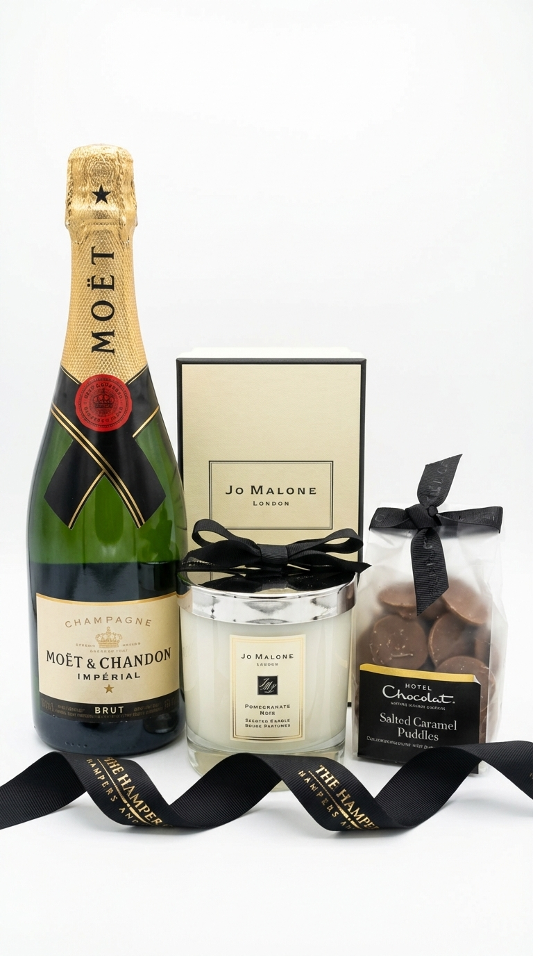 Moët & Chandon champagne bottle, Jo Malone candle, and hotel chocolate salted puddles on a white background