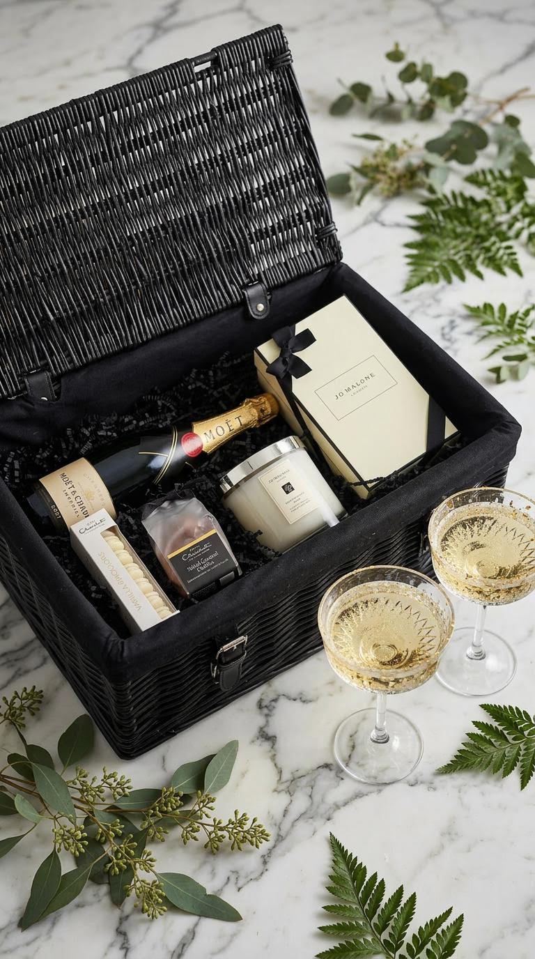luxury hamper basket with jo malone candle and reed difuser, hotel chocolat salted puddles and macarons. moet chardon champagne with champagne fluts filled on a marble background