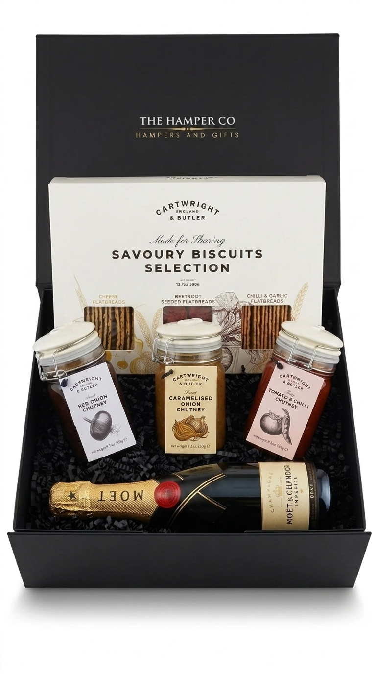 Gift hamper with champagne, biscuits, and other treats from The Hamper Co.