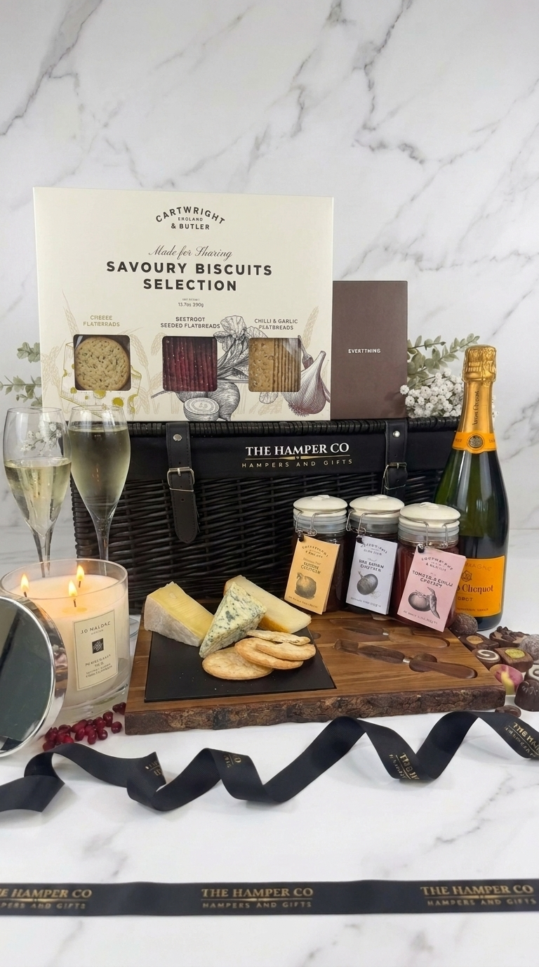 luxury hamper with verve clicquot champagne, hotel chocolat, jo malone candle and cartwright & butler chutneys and cheese board knife set. the hamper co ribbon on a white marble background