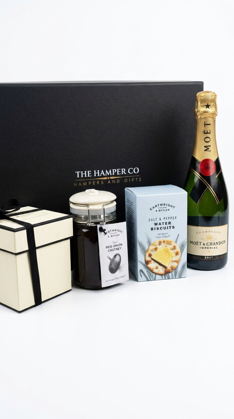 luxury gift box,moet & chardon champagne jo malone 200g candle, cartwright & butler savoury snacks