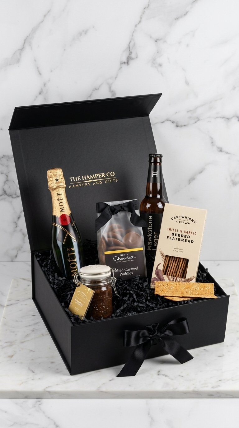 Luxury Christmas gift box with Moët Champagne, Hawkstone lager and Hotel Chocolat