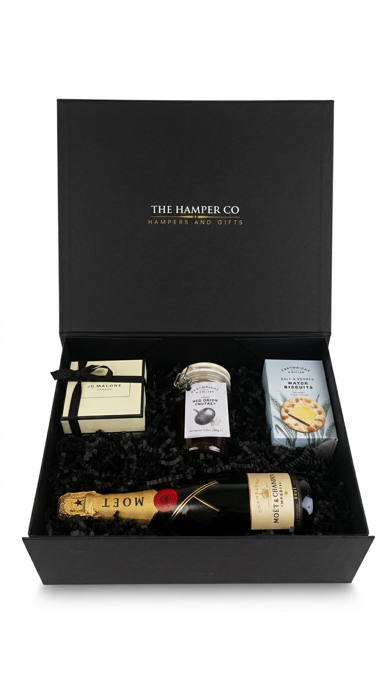 luxury gift box moet & chardon, jo malone pomergrante noir candle, cartwright & butler chutney and bscuits