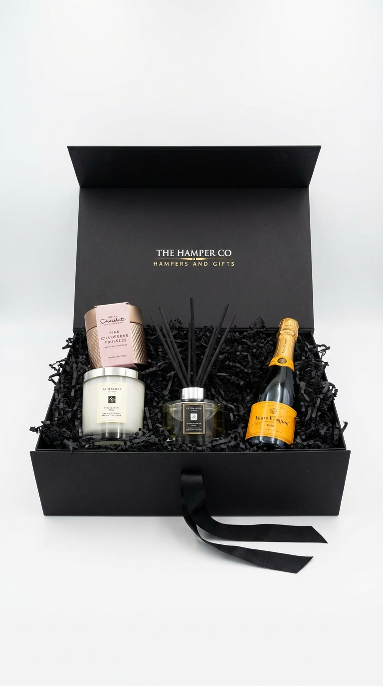 luxury gift box with pink champagne truffles, yellow label champagne, jo malone pomergrante noir candle and diffuser.