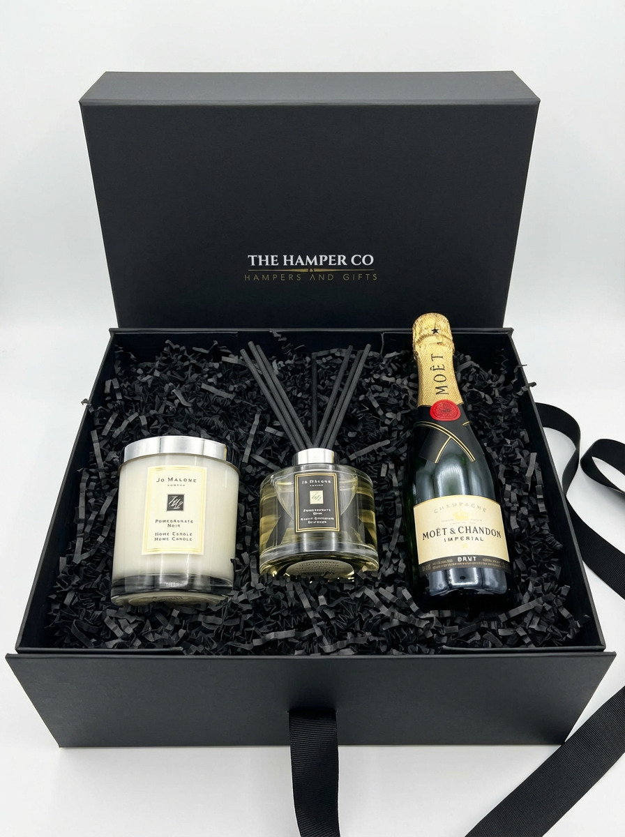 luxury gift box with jo malone reed diffuser, jo malone candle and moet & chardon champagne.