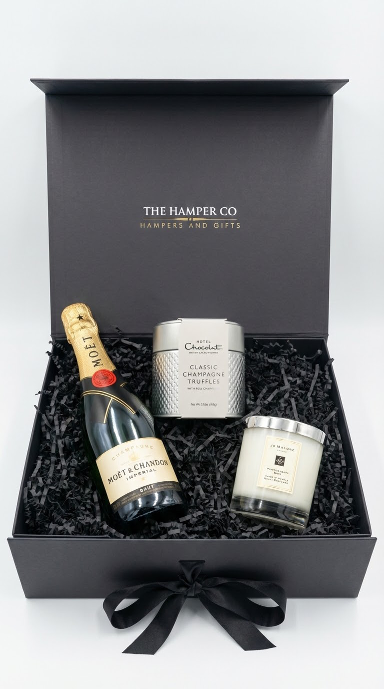 luxury champagne gift bx with jo malone andle and champagne truffles from hotel chocolat, black shredded paper on a white professional background.