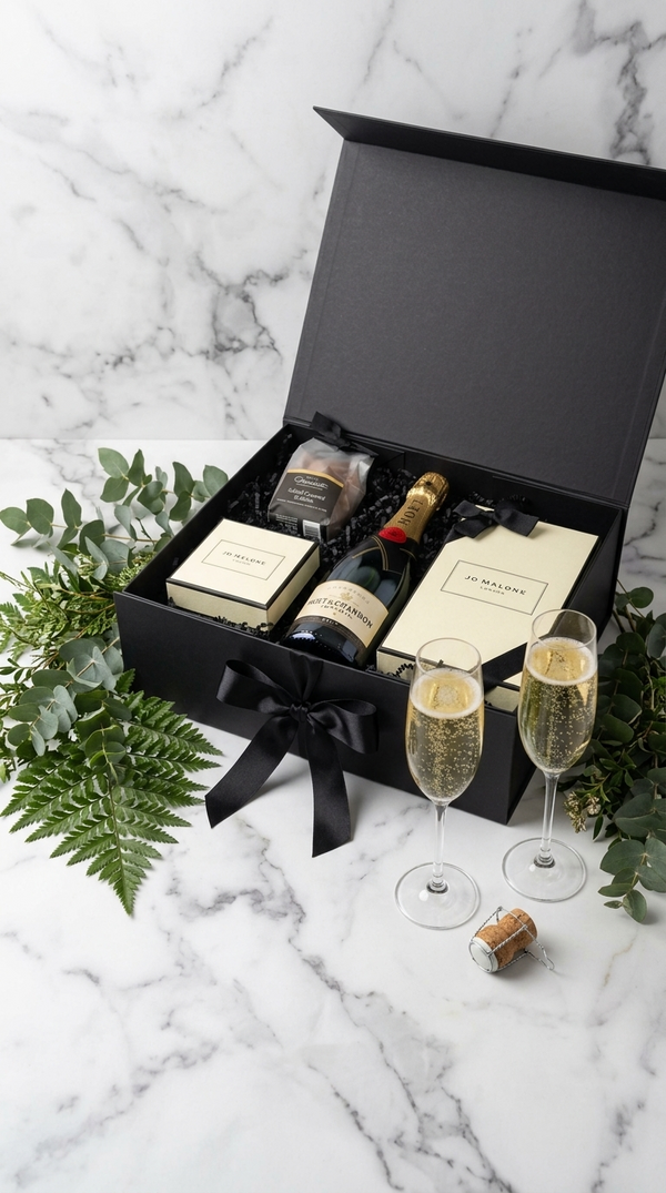 jo malone candle and jo malone reed diffuser, Champagne gift set with two bottles, two glasses, and a box on a marble surface.