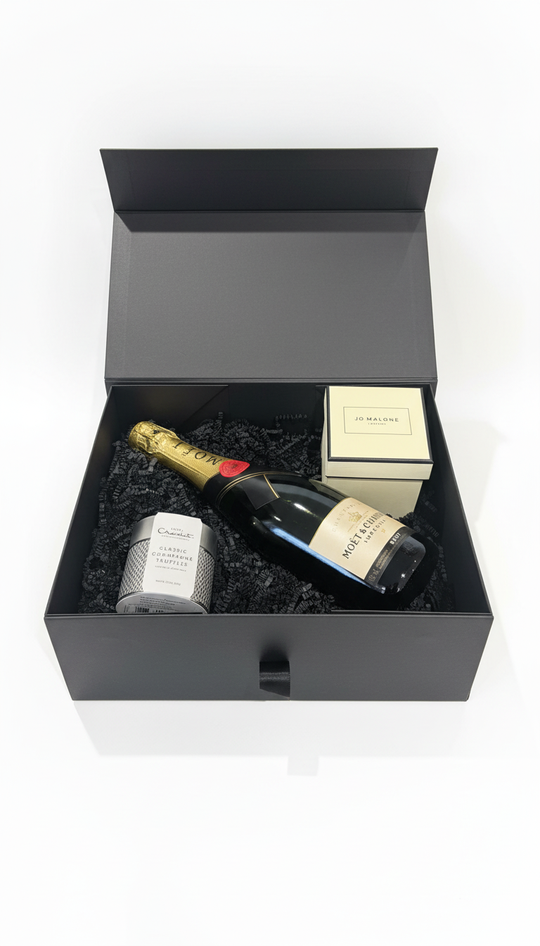 moet champagne gift box with champagne truffles and jo malone pomergrante candle