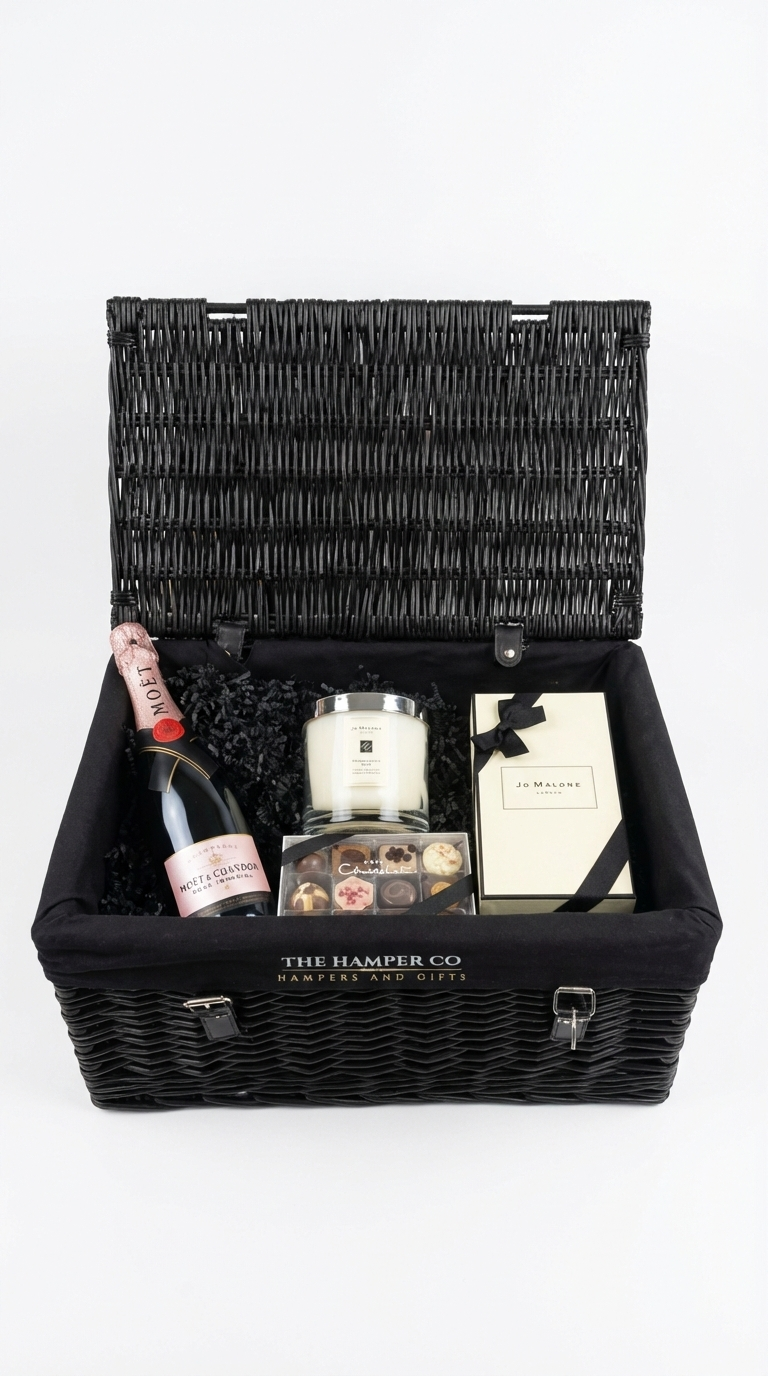 luxury gift hamper with rose moet & chardon, jo malone poergrante noir candle and diffuser, hotel chocolat.