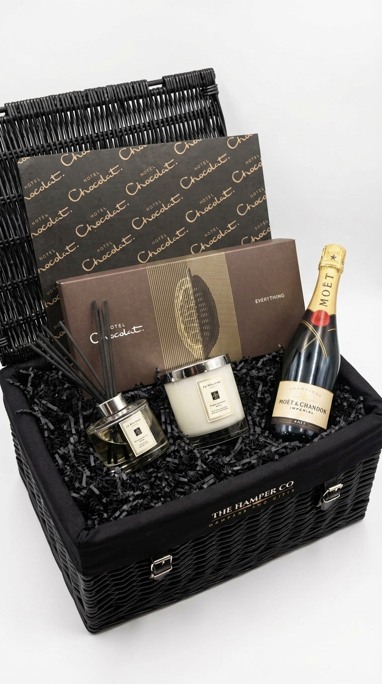 branded premium items in a luxury gift hamper. jo malone, hotel chocolat and moet & chardon champagne