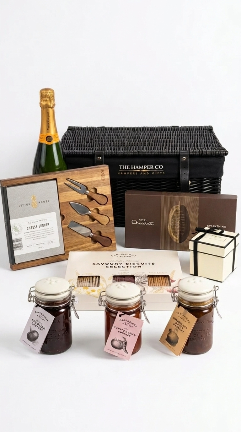 luxury hamper basket, verve cliquot, lytton house acacia wood cheese board, 200g jo malone candle, cartwright & butler products, hotel chocolat 18 piece.
