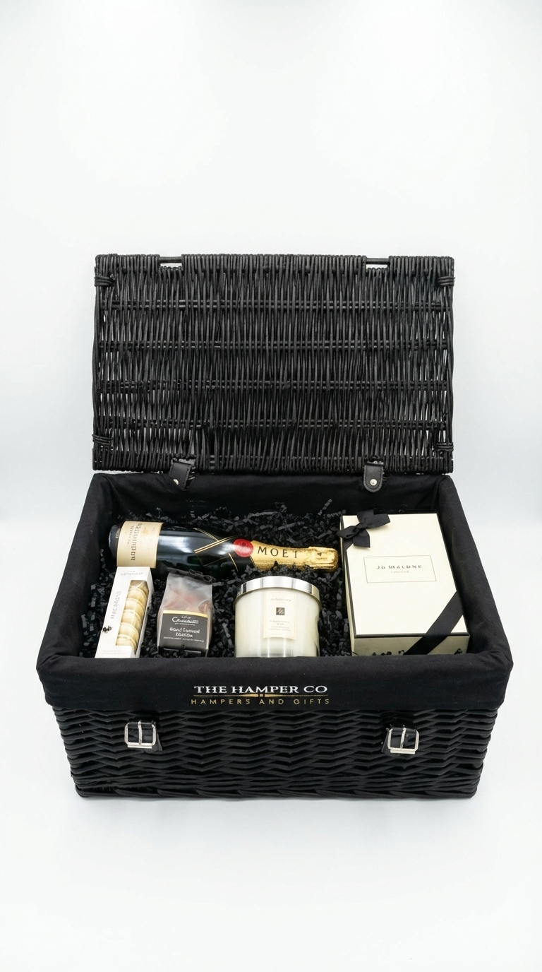 luxury hamper baskets filled with jo malone candle & reed diffser, moet chardon champagne, hotel ouddles and macarons on a white background.