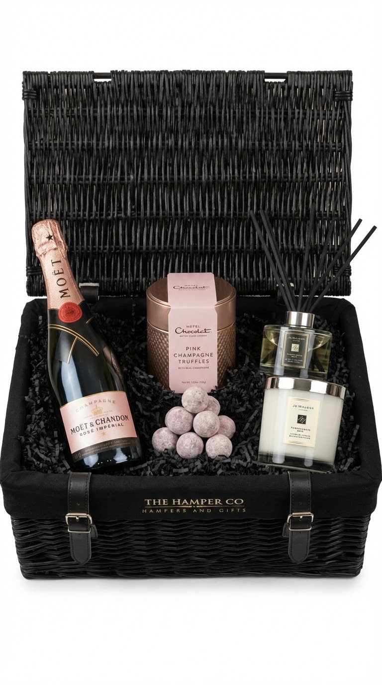 luxury hamper gift basket with jo malone candle and jo malone reed diffuser with rose moet & chardon champagne and hotel chocolat pink champagne truffles set on a white background
