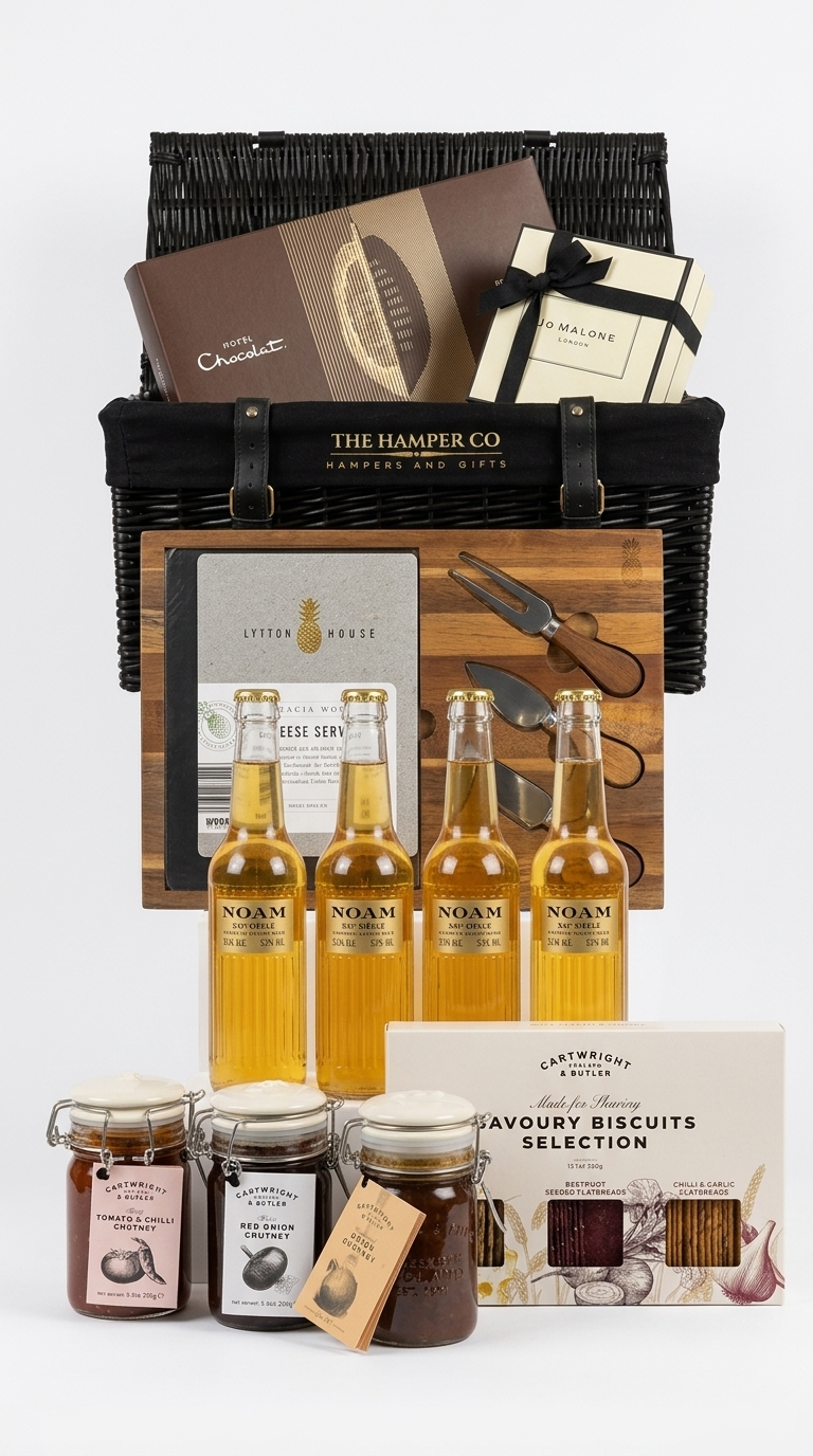 luxury hamper noam larger, cartwright & butler chutneys, hotel chocolat everything box, jo malone candle. lytton house acacia wood rectangle cheese board & slate close ups