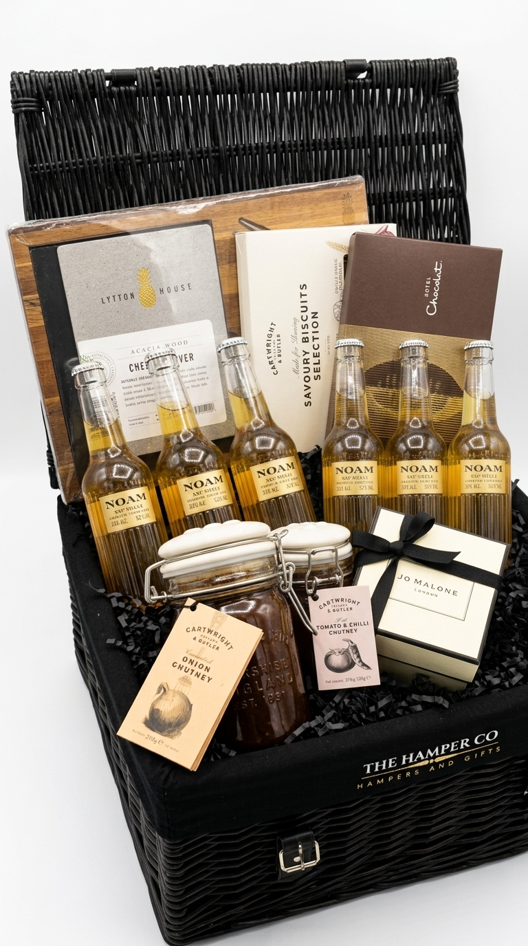 luxury hamper noam larger, cartwright & butler chutneys, hotel chocolat everything box, jo malone candle. lytton house acacia wood rectangle cheese board & slate