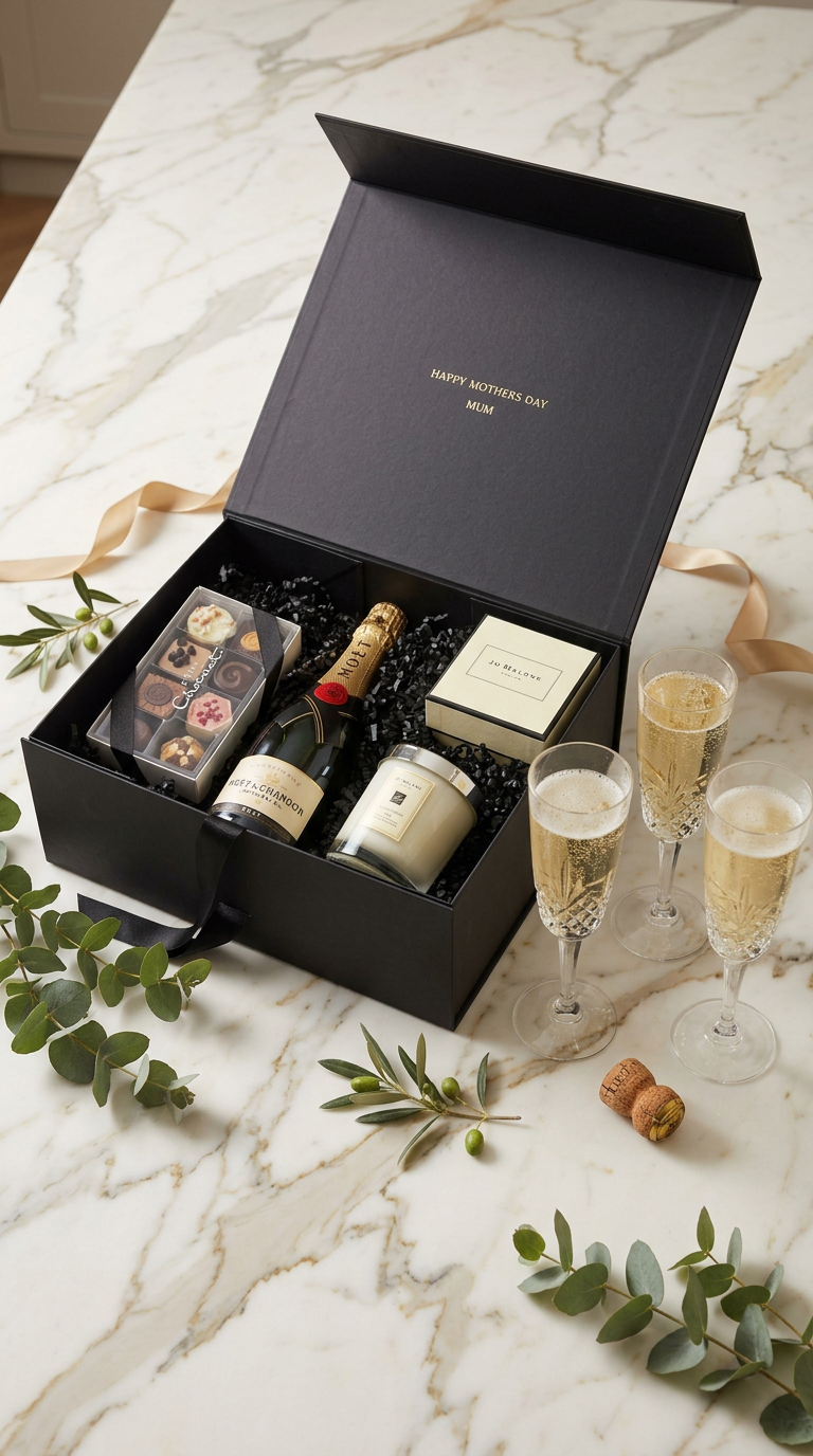 personalised luxury gift box with jo malone pomergrante noir candle, moet & chardon champagne, hotel chocolat. ribbon champagne glasses 