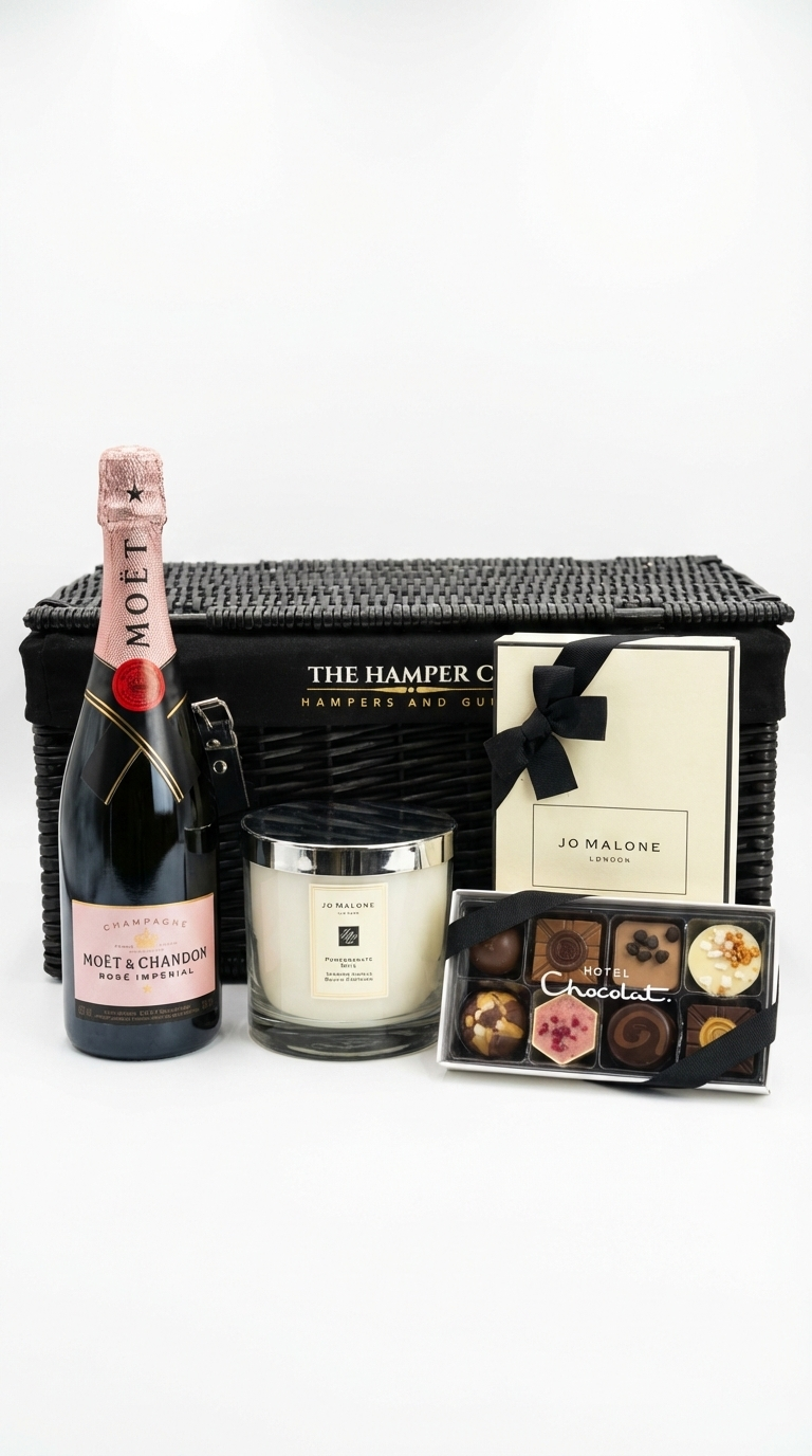luxury gift hamper with jo malone candle & diffuser, hotel chocolat and rose moet & chardon champagne.