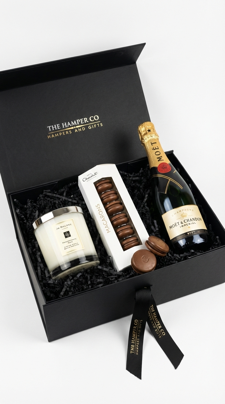 Gift box containing a bottle of champagne,  jo malone candle, and hotel chocolat macarons with 'The Hamper Co.' branding.