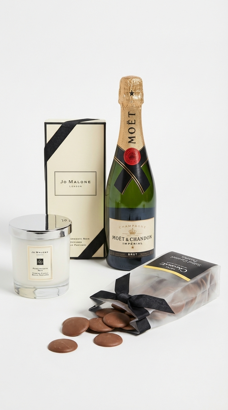 Bottle of Moët & Chandon champagne with a Jo Malone candle and hotel chocolat puddles on a white background
