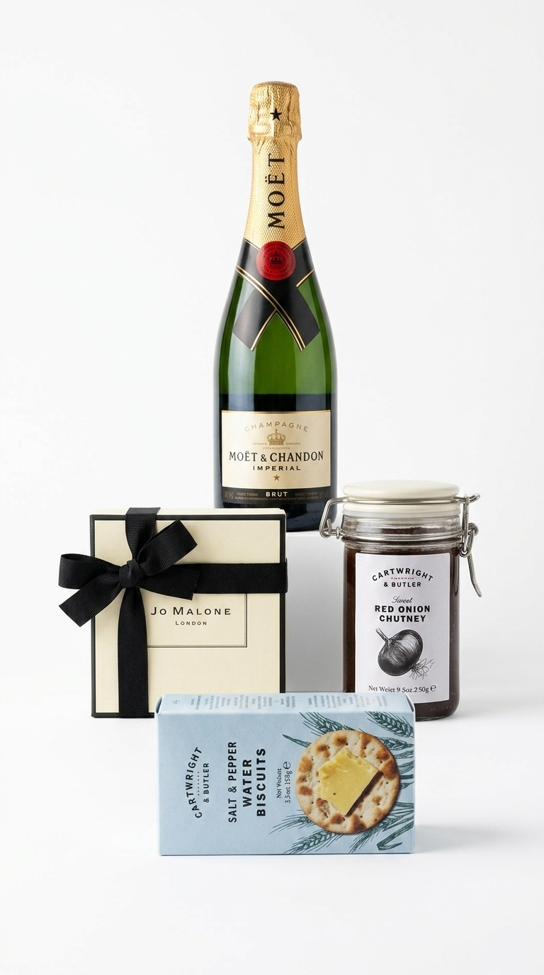 Bottle of Moet Chandon champagne with a gift box, jar of chutney and box of savoury biscuits on a white background