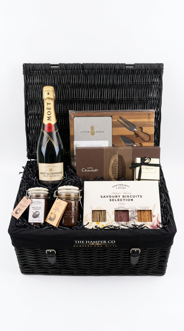 moet & chardon champagne, cartwright & butler products, lytton house acacia wood cheese board, jo malone candle luxury hamper. 