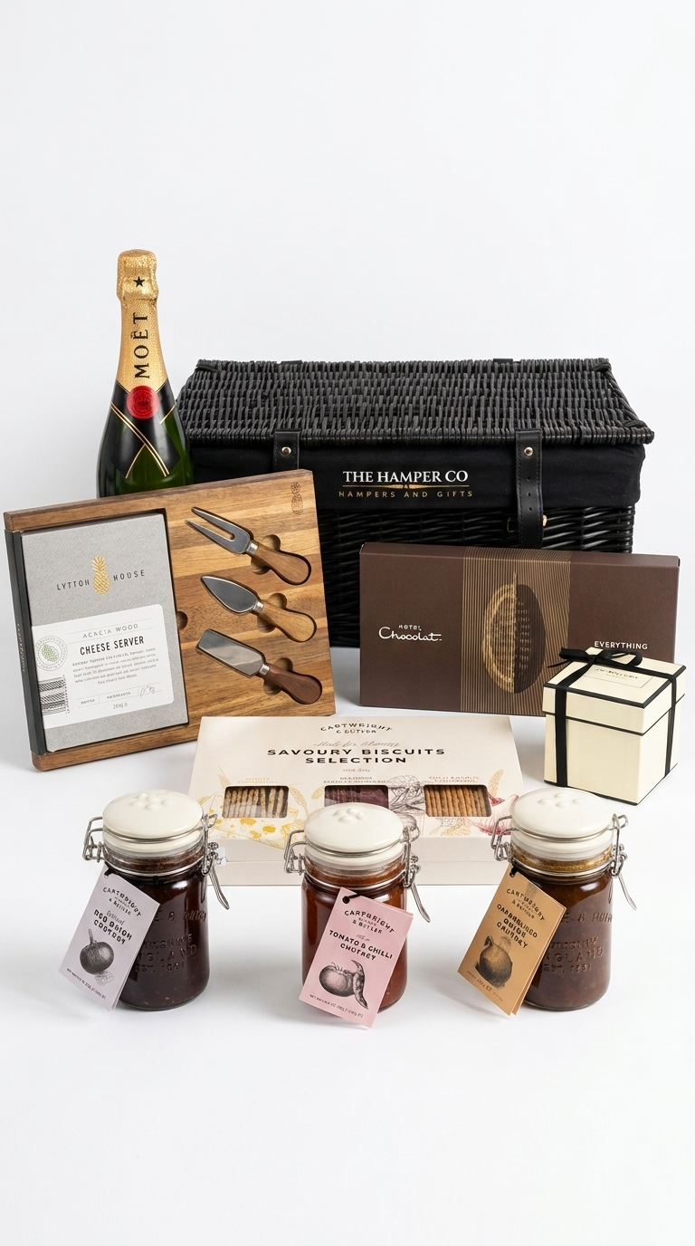 Gourmet gift basket with jars, cheese boards, and a bottle of champagne on a white background.