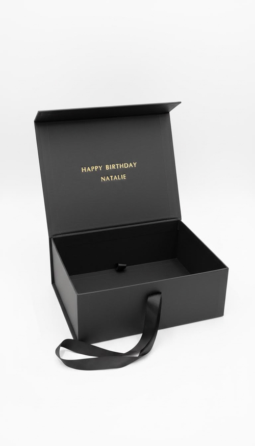 luxury black gift box with personalised gold foil stamping. birthdays, anniverseries, special occasions.
