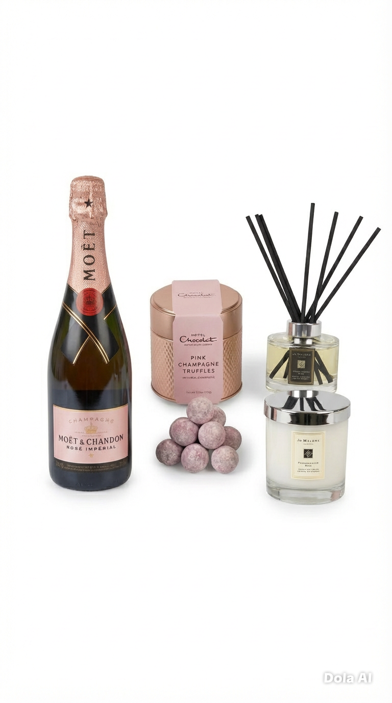 rose moet chardon, hotel choclat champagne truffles with jo malone reed diffuser and candle on a white background 