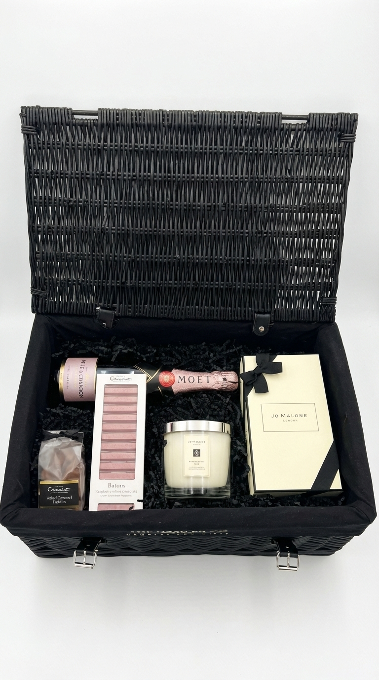 roes moet & chardon  luxury hamper with jo malone reed diffuser and candle. placed on a bed of black shredded paper on a whit background