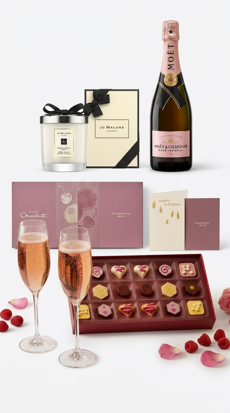 hotel chocolat choclates, jo malone home fragrance and champagne close up