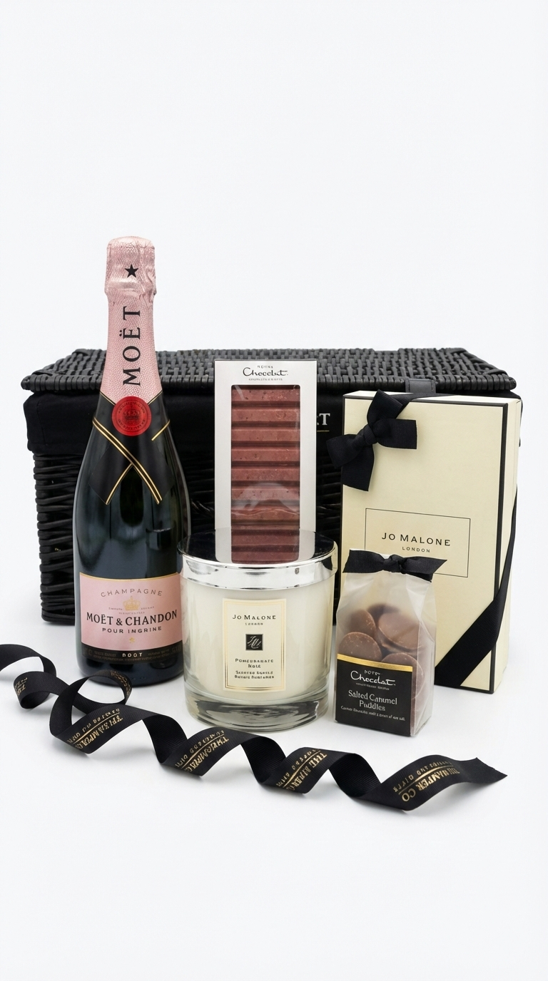 jo malone 600g candle, 165m jo malone reed diffuser, hotel chocolat and rose moet & chardon. staged infront of a hamper co hamper basket on a white background