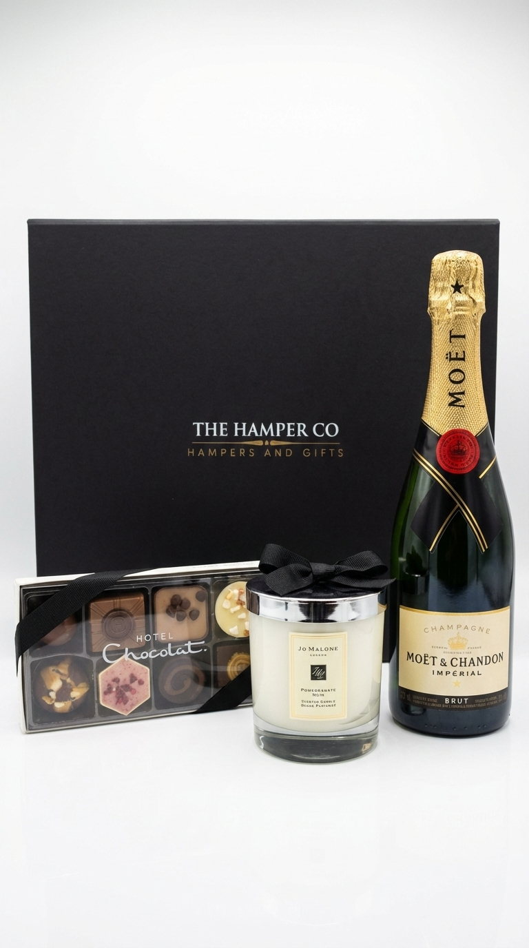 Moet champagne bottle, jo malone candle, and chocolate selection with The Hamper Co box on a white background