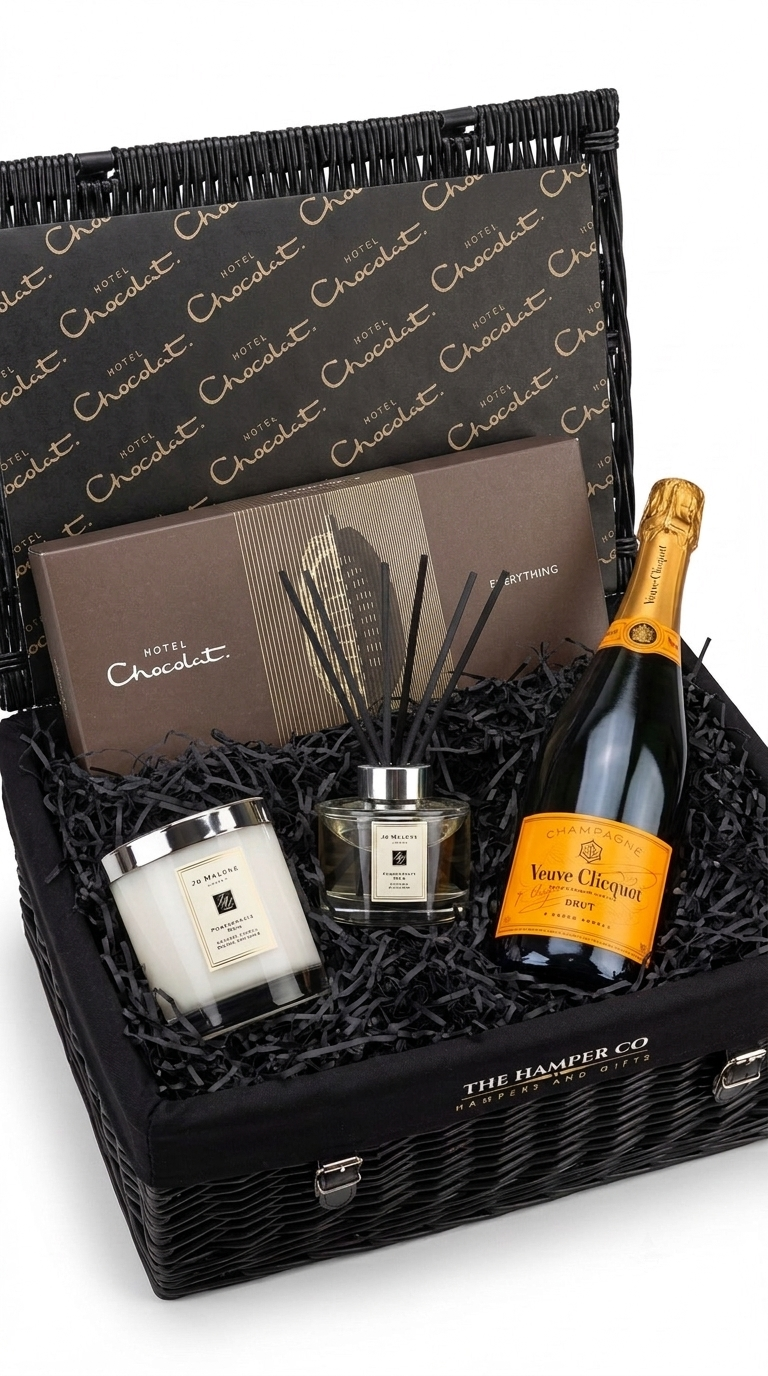luxury black wicker gift hamper with verve clicquot champagne, 600g jo malone candle, jo malone pomergrante reed diffuser, hotel chocolat chocloates spread around with the hamper co ribbon on a white professional background