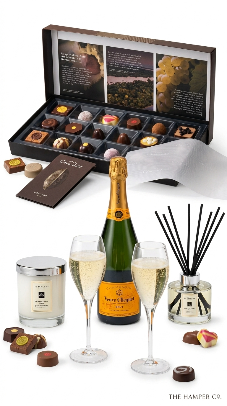 white professional background with champagne glasses filled with verve clicquot champage, hotel chocolat open box, jo malone reed diffuser and jo malone candle